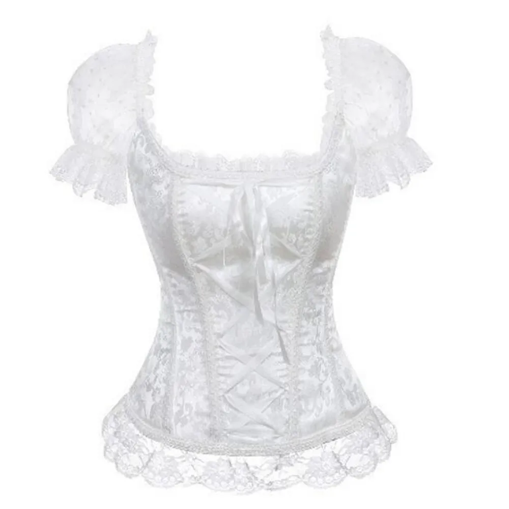 

Women Sexy Gothic Corset Off-Shoulder Lace Sleeves Corsets Jacquard Shapewear Burlesque Vintage Lingerie Corselet Overbust