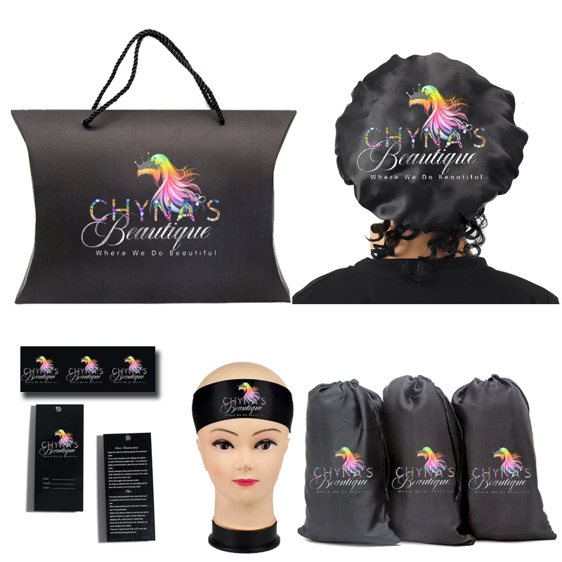 

Custom Logo Wigs packaging Satin Bags/Hang Tag Sticker labels Wraps/Long Bonnets/Headband/Cape/Bonnet/box