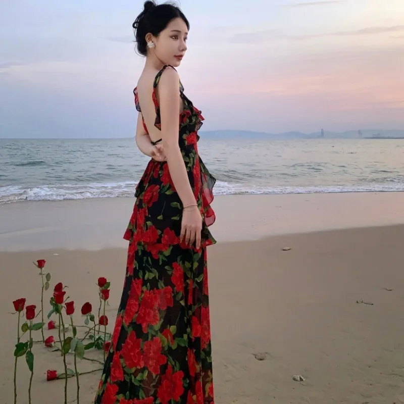 

Dress with Suspenders Ankle-Length Seaside Vacation Style Collar Rose Backless Slimming Beach