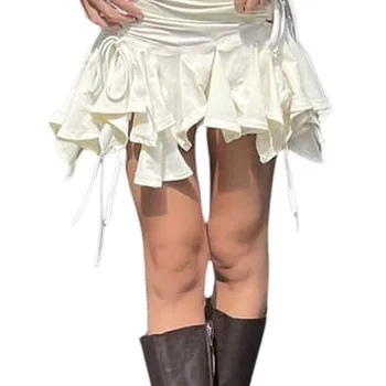 A Estética E-Girl dos Anos 90 em Saias Assimétricas Brancas: Um Guia de Estilo 7 Women Solid Color Gothic Punk Irregular Skirts Summer Fashion Drawstring Tie-Up Ruched Ruffles Mini Skirt Black/White