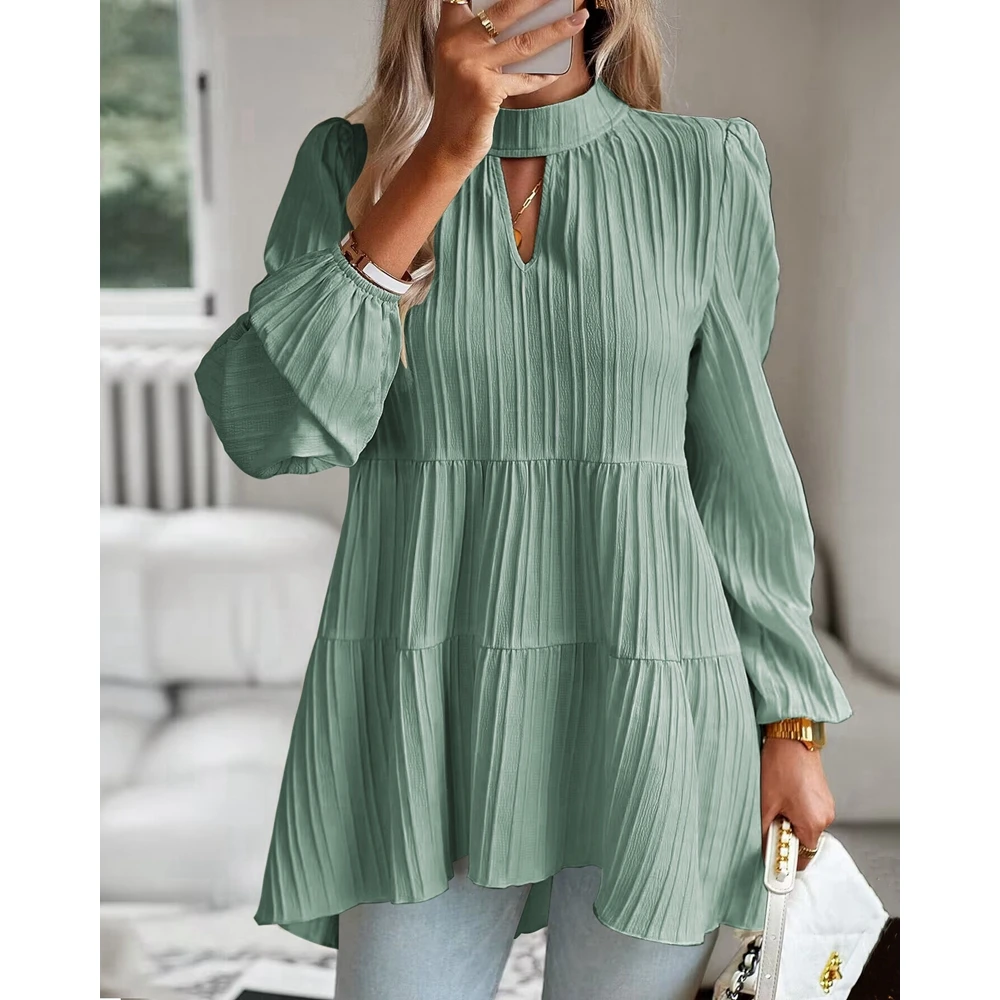 

2024 Spring Women Ribbed Ruched Fold Round Neck Cut out Lantern Sleeve Blouse Fashion Femme Casual Solid Elegant Top Streetwear