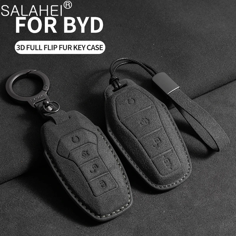 

Suede Leather Car Remote Key Case Fob Cover Shell For BYD Song Plus Atto 3 Han EV Tang DM Qin Seal Dolphin Keychain Accessories