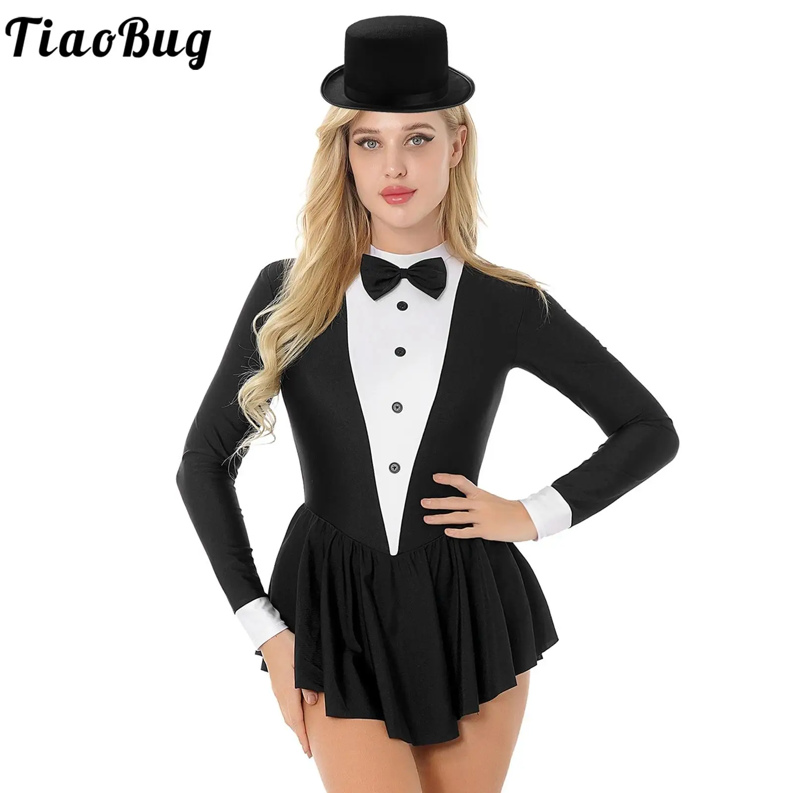 

Womens Contrast Color Tuxedo Bowknot Button Long Sleeve Ruffle Dress Dancewear with Hat for Role Play Theme Party Masquerade