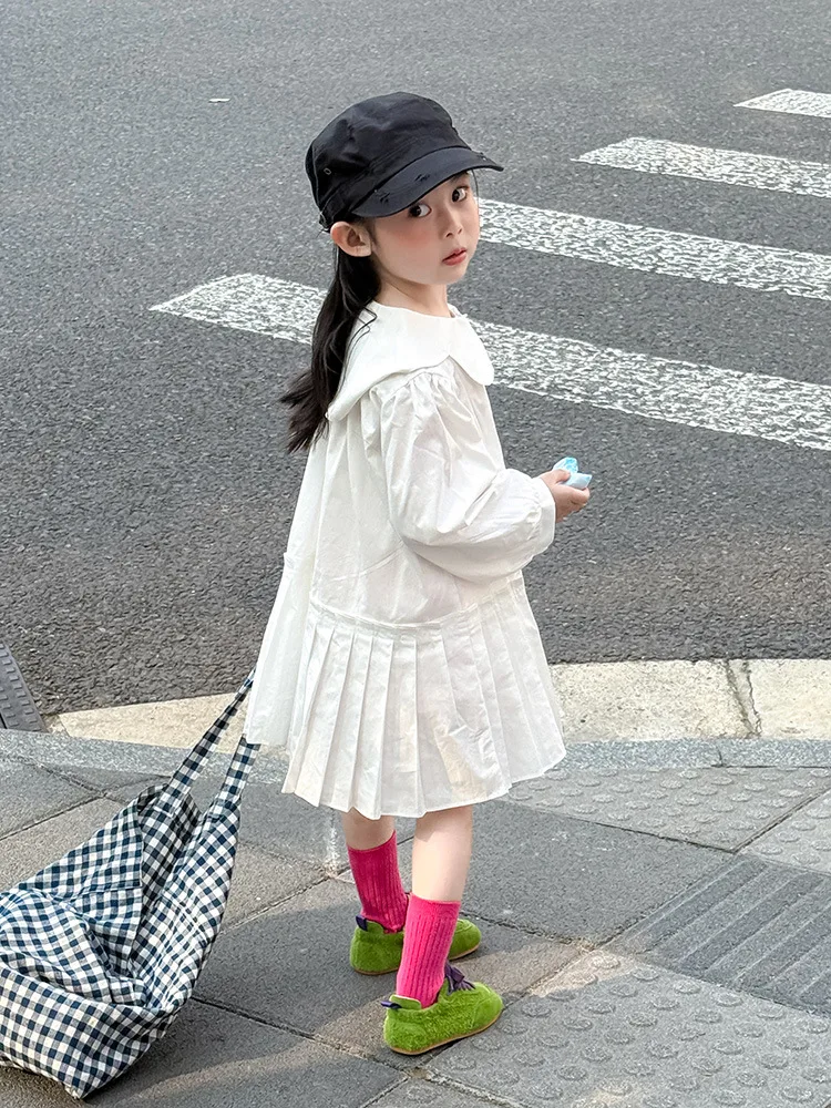 2025 Autumn New Girls Preppy Style Pleated Dress Solid Children Long Sleeve Dress Baby Girl Large Lapel Loose Dress Kids Clothes 26 Sf22b402daca8475d8881f01e679630b6Y