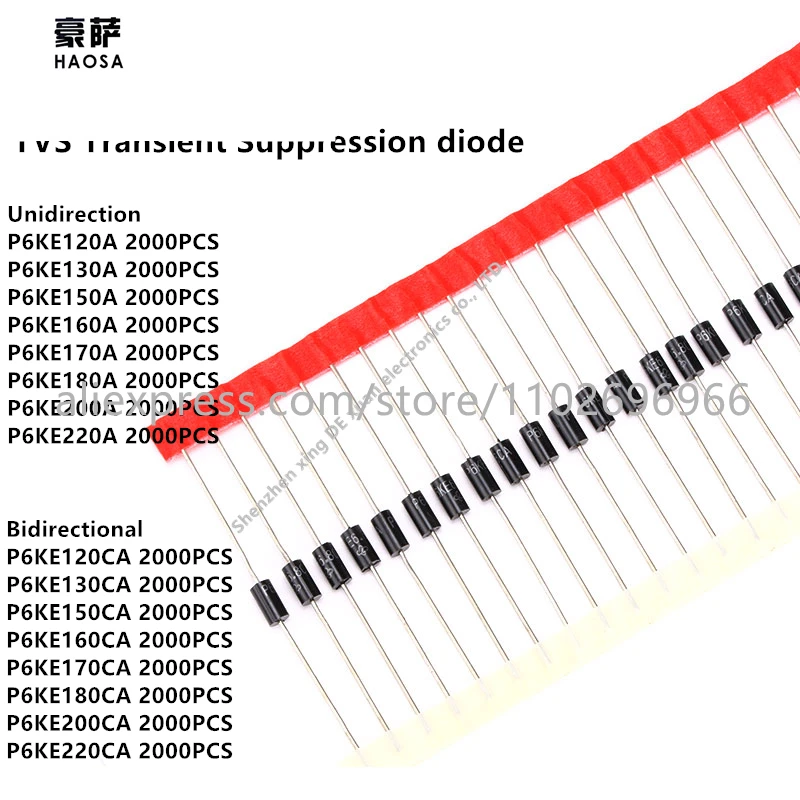 

2000Pcs P6KE120A P6KE120CA 130/150/160/170/180/200//220ACA TVS Transient Suppression diode Unidirectional/Bidirectional DIP DO15