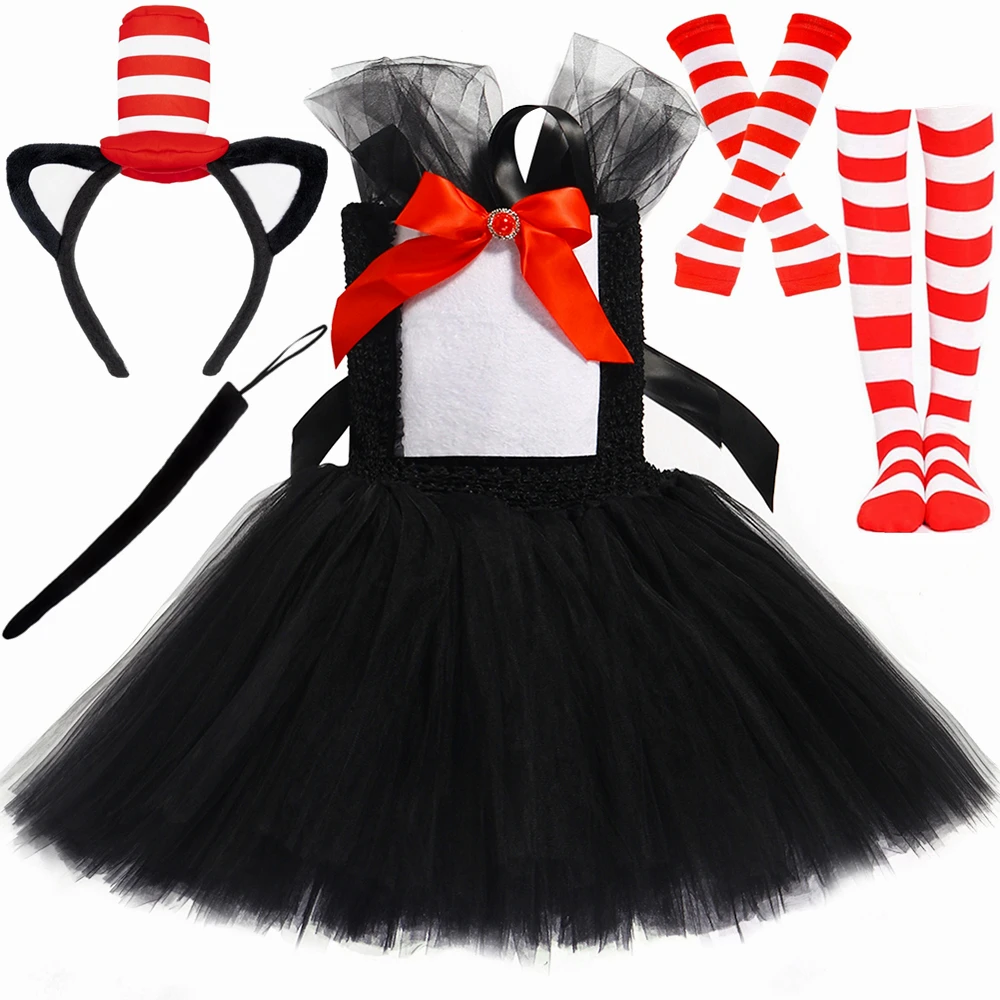 

Dr. Seuss Cat in The Hat Tutu Dress Costume for Girls Halloween Carnival Party Fancy Clothes Outfit Kids Black Cat Tulle Dresses