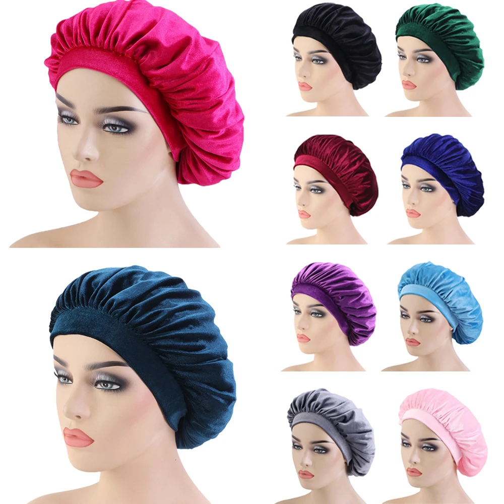 

Velvet Night Sleep Cap Women Wide Band Headscarf Turban Sleeping Hair Care Bonnet Hat Hijab Head Cover Chemo Hair Loss Beanies