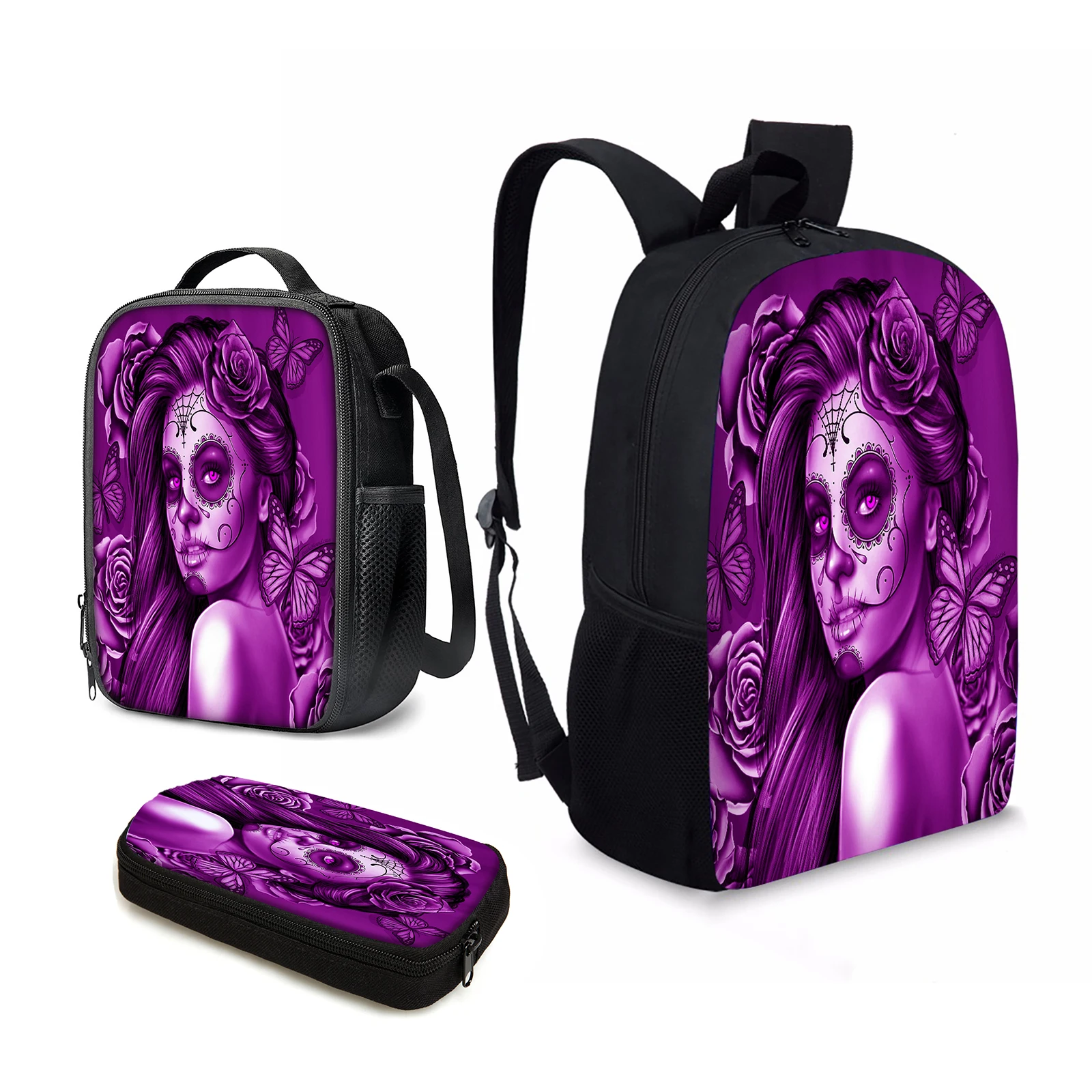 

YIKELUO Day Of The Dead Sugar Skull Girl Butterfly 3D Print Purple Brand Backpack Student Textbook Knapsack With Zip Lunch Bag