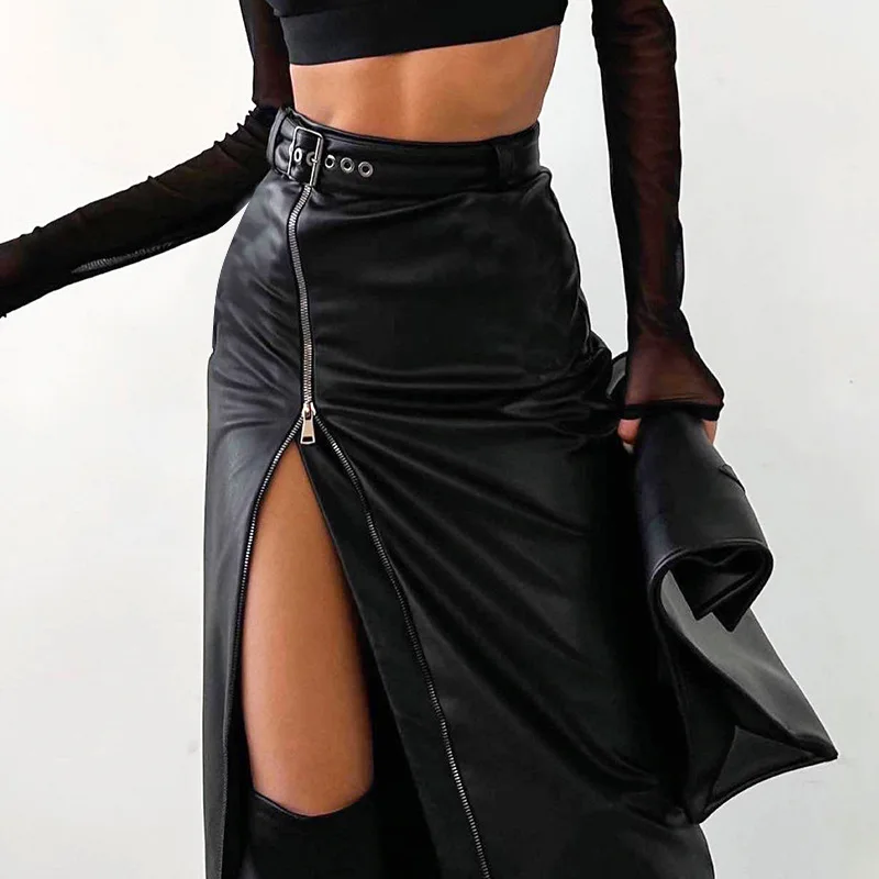 

2023 High Slit Pu Skirt Women Fashion Zip Up Belted Leather Midi Skirts Autumn Winter Irregular High Wasit Pencil Skirt