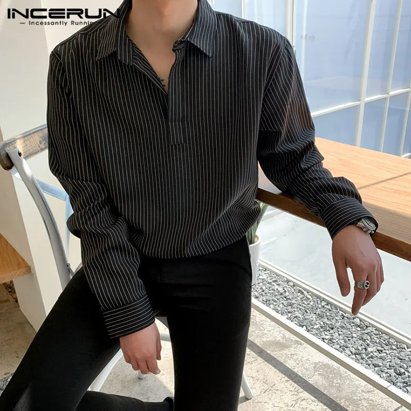 

Handsome Well Fitting Tops INCERUN New Men Striped Half Open Tube Design Shirts Casual Streetwear Long Sleeved Blouse S-5XL 2024
