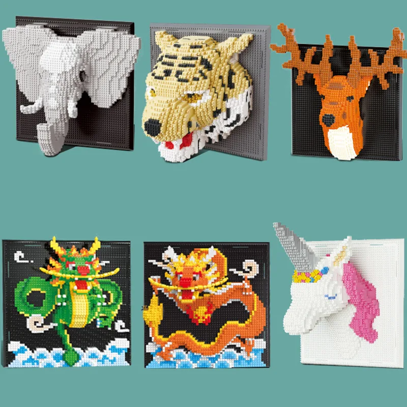 

Animal Building Blocks Tiger Elephant Dragon Unicorn Mural Assembled 3D Model Diamond Micro Bricks Figure Toy For Art Wall Decor