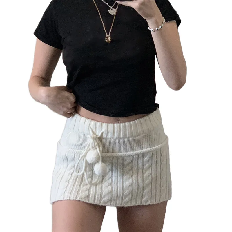 

y2k Knitted Mini Skirts Lace Up Fur Cute Sweet Pencil Skirts Twist Skinny Low Waisted Short Women Plain Skirts Autumn Chic