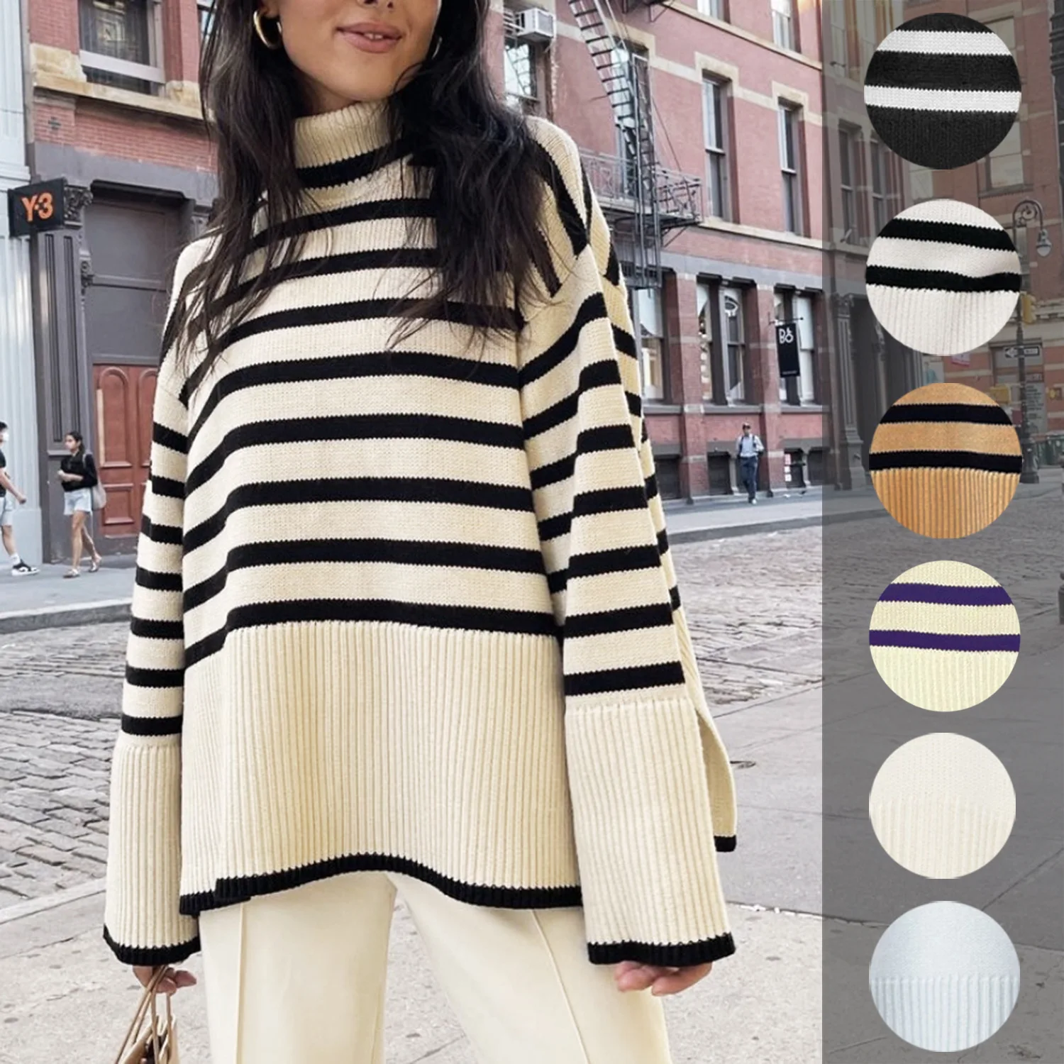 

Winter Loose Striped Christmas Sweater Women Knitted Slit Weater Pullovers Spring Fashion Oversize Stripe Top Turtleneck Sweater