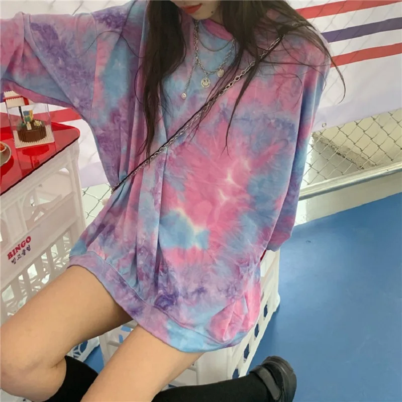 

Indie Tie-Dye Print O Neck T Shirts Women Spring Autumn Y2k Fashion Long Sleeve Loose Tops 2023 Plus Size Vintage Casual Tees