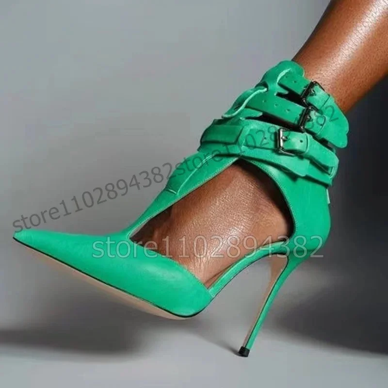 

Женские туфли с острым носком, туфли-лодочки зеленого цвета на тонком высоком каблуке, украшение с пряжкой, 2024