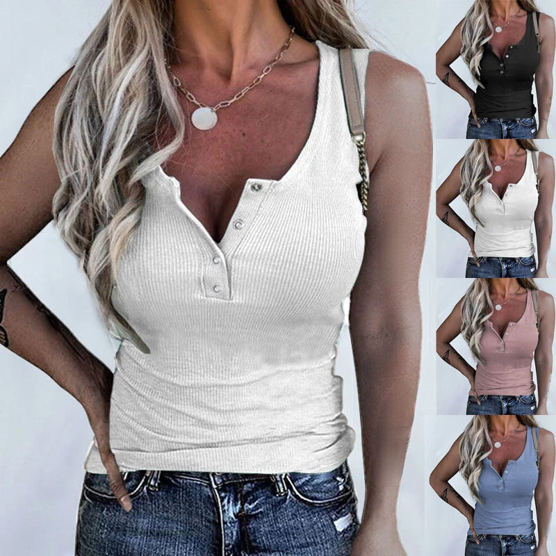 

Summer Women Vest Sexy Sleeveless Deep V Neck Buttons Solid Color Slim Blouse T-shirt Streetwear Robe Femme 2023 Tanks