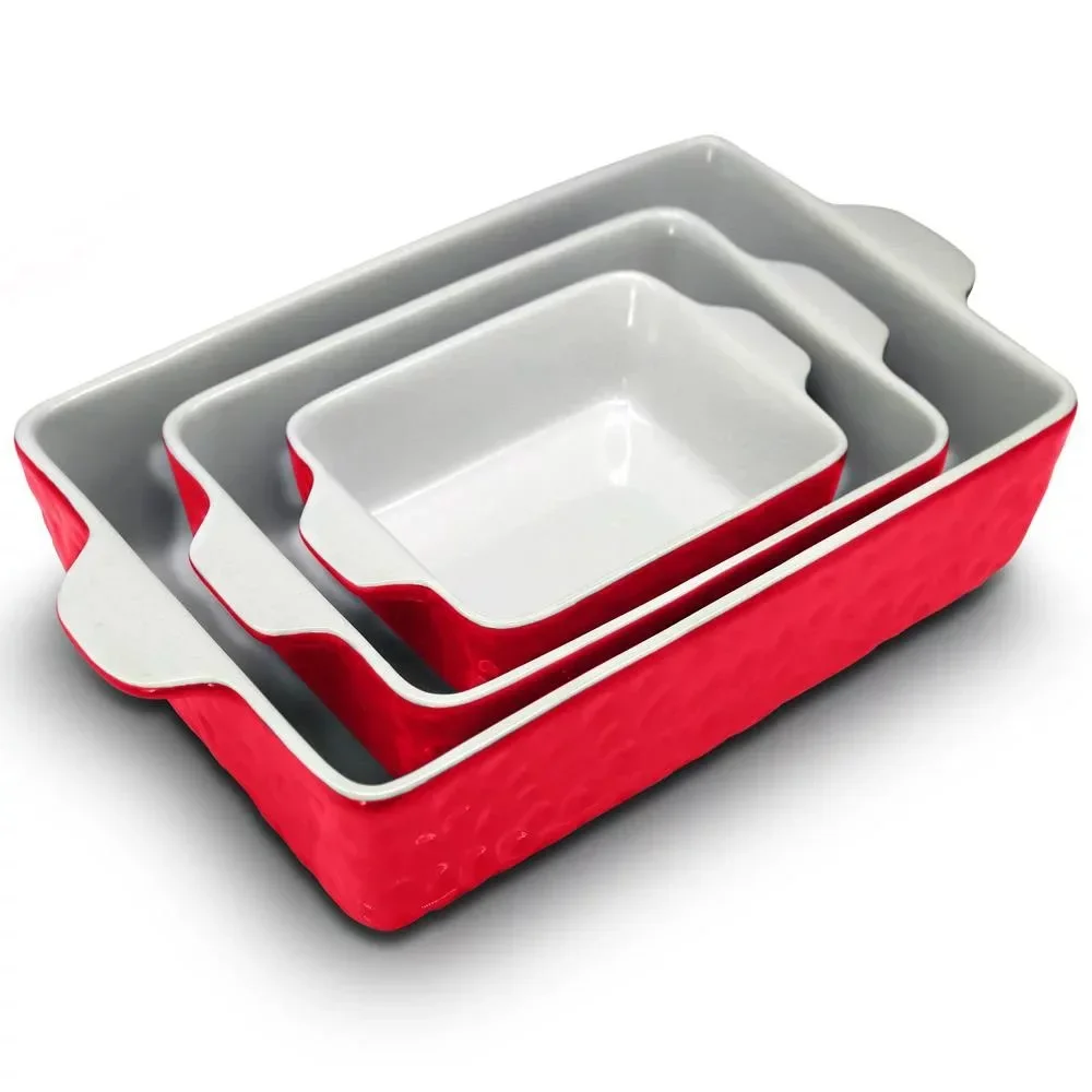 

3 PIece Nonstick Ceramic Bakeware Set - PFOA PFOS PTFE Free Baking Tray Set W/ Odor-Free Ceramic Pans Red Mold for Baking Dining