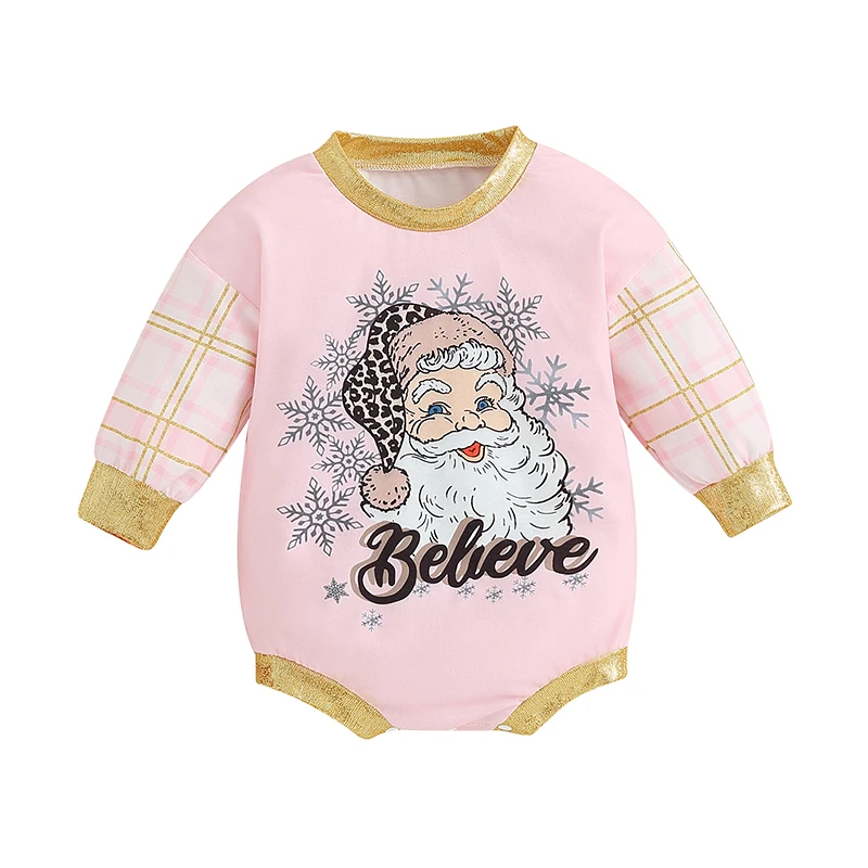 

Bmnmsl Baby Girl Christmas Romper Plaid Long Sleeve Crew Neck Santa Print Bodysuit Newborn Playsuit