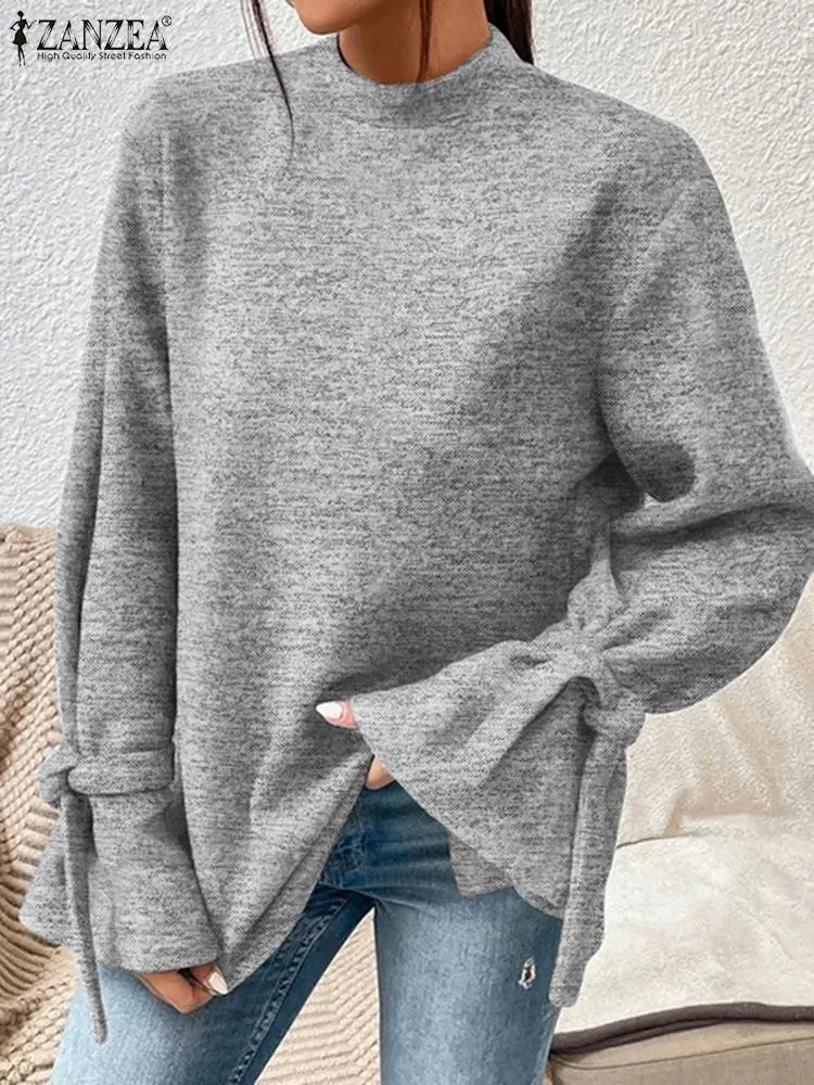 

ZANZEA Women Round Neck Sweatshirts 2024 Spring Long Flared Sleeve Knitted Tops Fashion Loose Cuff Lace-up Pullover Casual Blusa