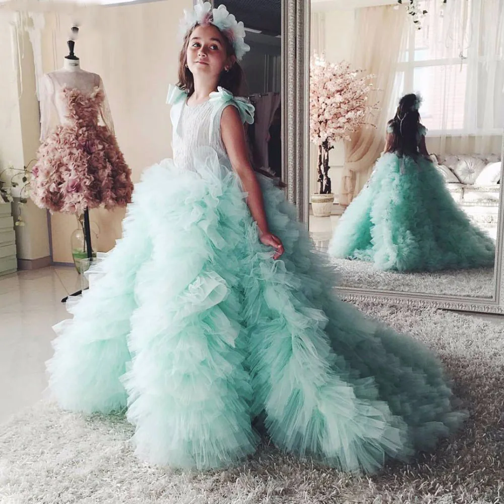 

Luxury Crystals Beading Girls Pageant Gown Puffy Organza Kids Clothes Party Prom Dress Flower Girl Dress Size 2-16Years