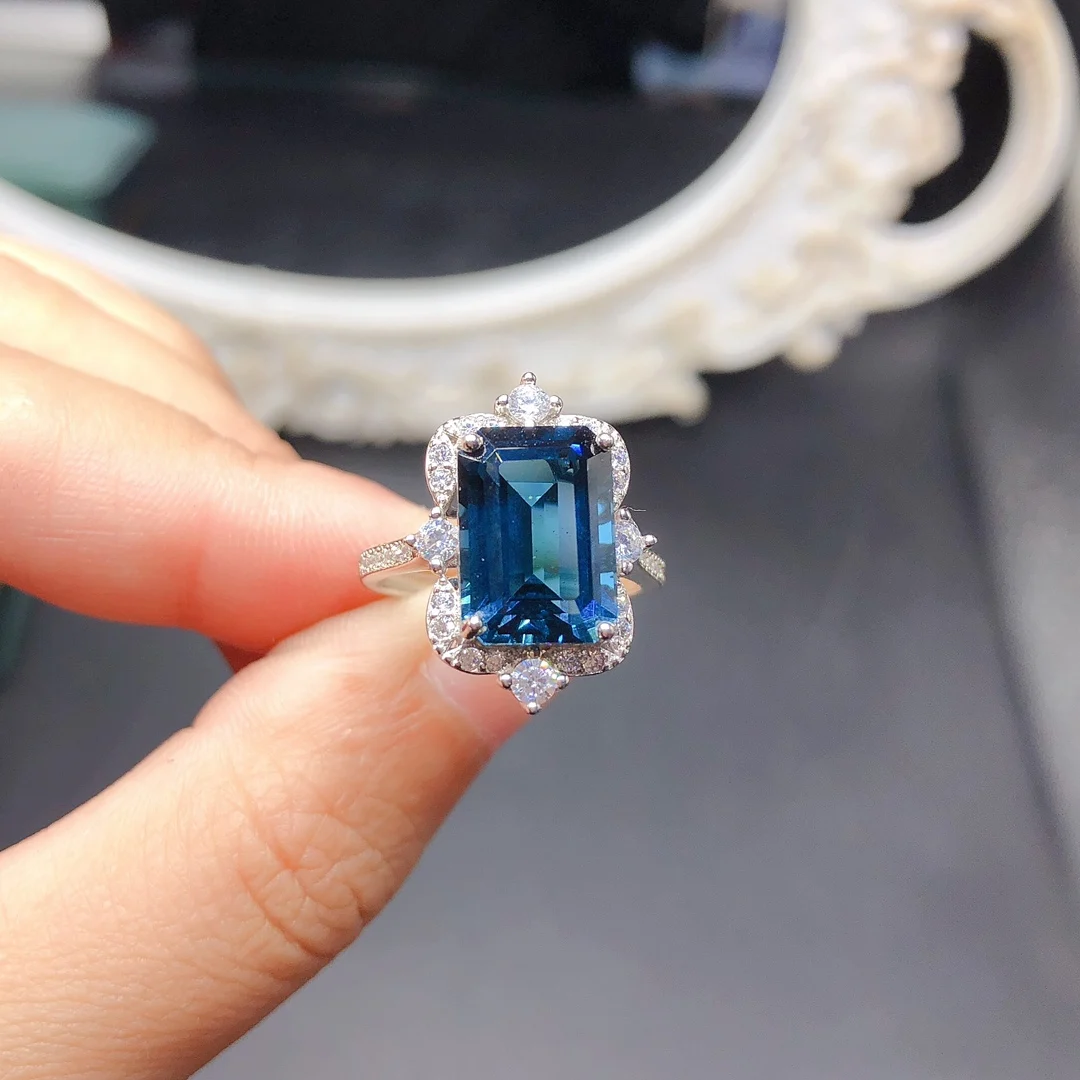 

Color Ultra Bright Silver 925 Natural London Blue topaz Ring Ladies Color Engagement Gift Support Detection Free shipping