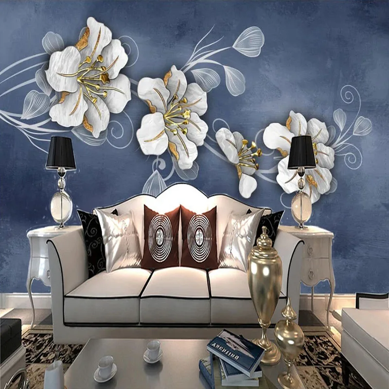 

Chinese Style 3D Modern Gold Color Carved Lily Flower Pattern TV Background Wall Mural Wallpaper For Bedroom Papel De Parede Art