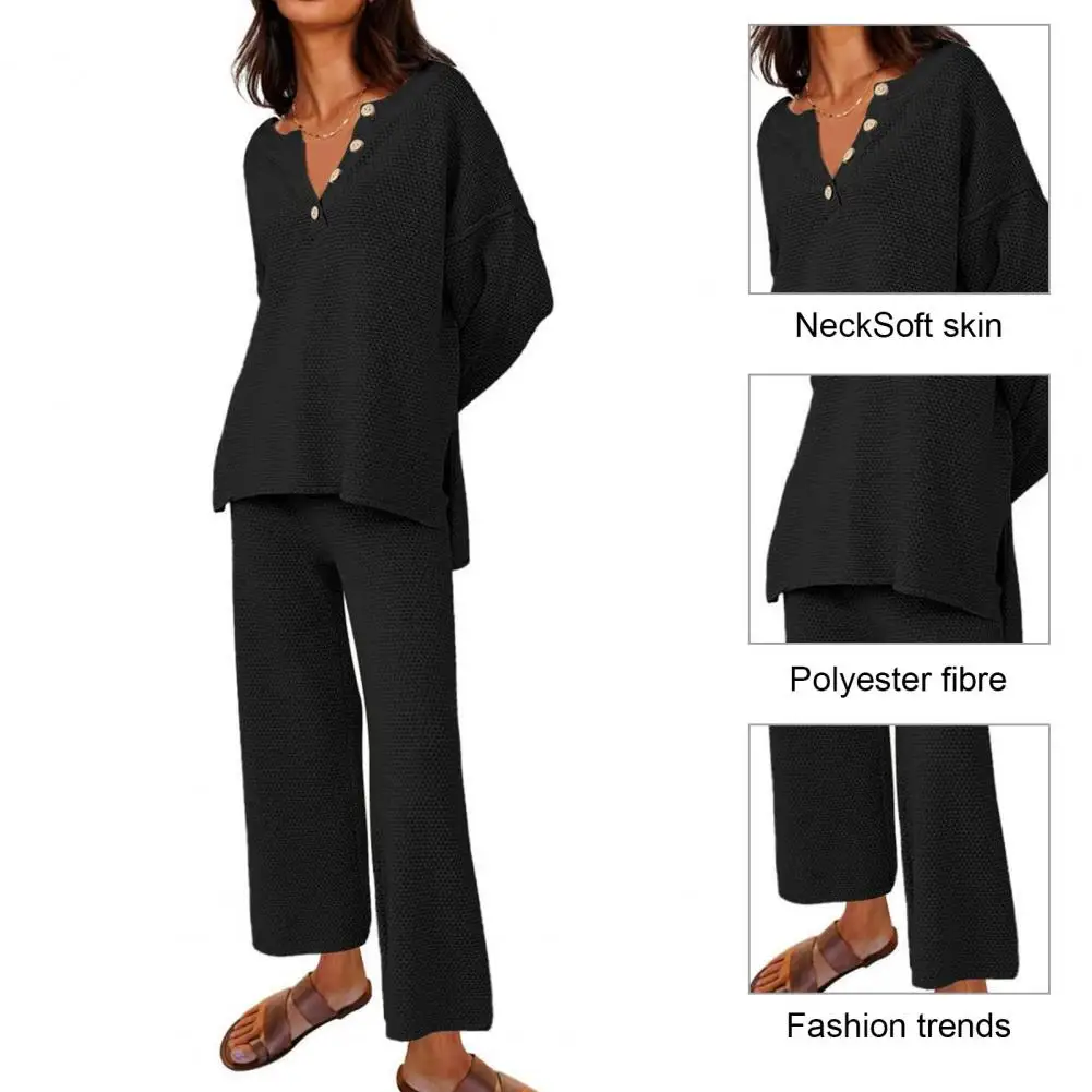 Women Soft Suit Stylish Knitted Sweater Trousers Set Loose Wide Leg V Neck Long Sleeve Split Hem Homewear for Spring Fall Split
Women Soft Suit Stylish Knitted Sweater Trousers Set Loose Wide Leg V Neck Long Sleeve Split Hem Homewear for Spring Fall Split