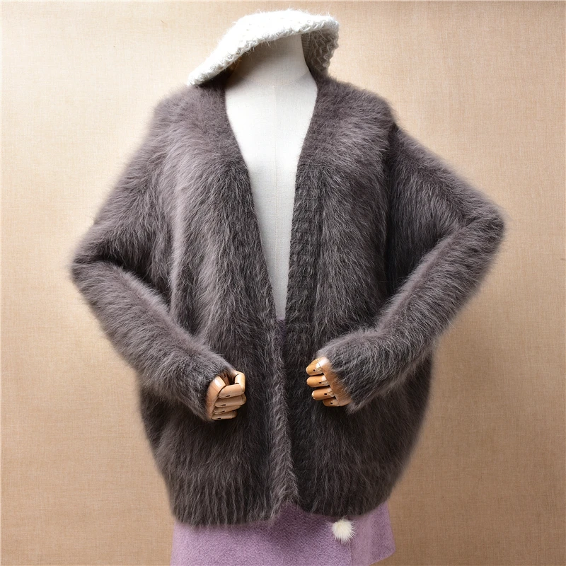 

04 ladies Women Fall Winter Clothing Hairy Mink Cashmere Knitted Long Sleeves Loose Cardigans Mantle Angora Fur Jacket Sweater