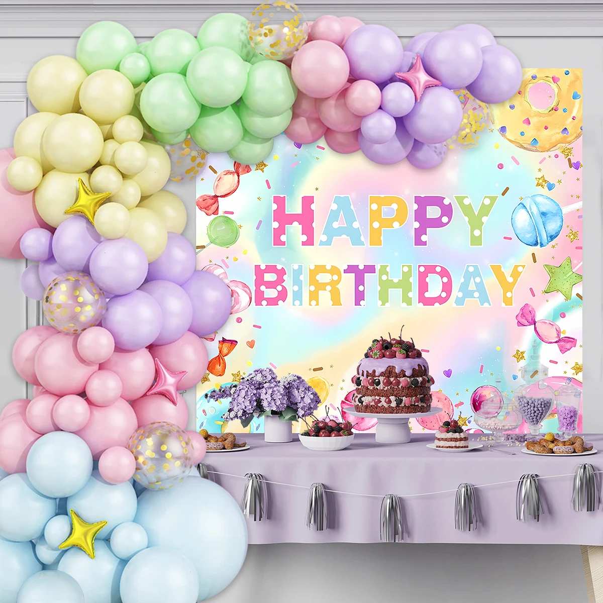 

Macaron Donut Background Balloons Set Happy Birthday Party Decor Kids Girl Doughnut 1st Birthday Hanging Backdrop Baby Shower