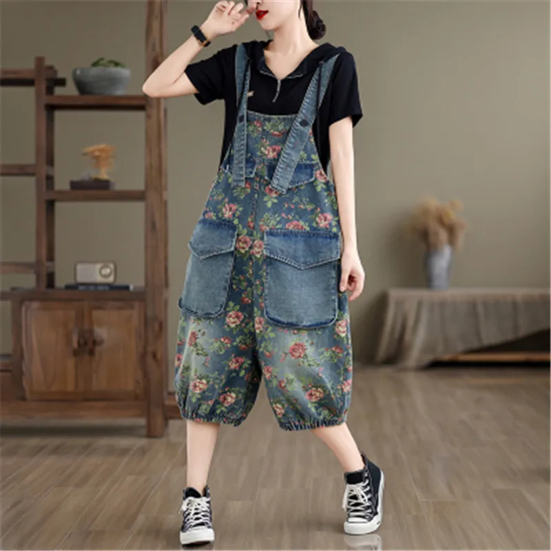 

Fashion Streetwear Print Floral Denim Overalls For Women Dungarees New Straps Baggy Rompers Pants Loose Wide Leg Jeans Jumpsuit