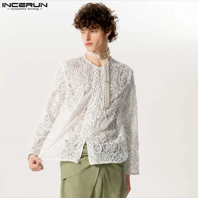 

INCERUN Tops 2024 American Style Fashion Men Perspective Jacquard Button Shirts Casual Simple Long Sleeved Cardigan Blouse S-5XL