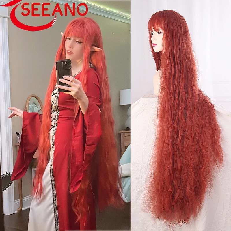 

SEEANO 120cm Synthetic Long Curly Cosplay Wig With Bang Red Light Blonde Cute Lolita Wig Women Wigs Halloween Cosplay Wig Female