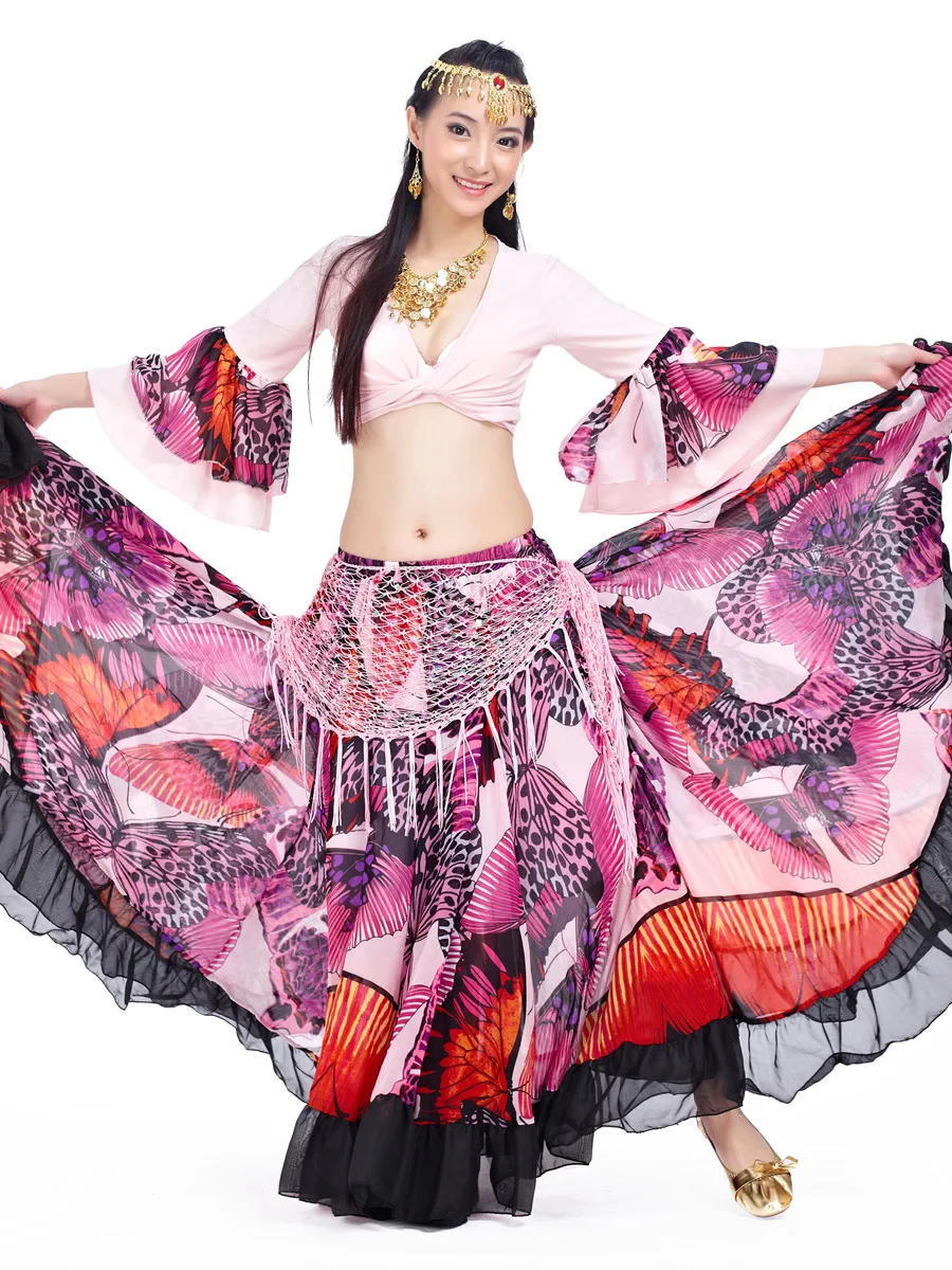 

Gypsy Swing Skirt Chiffon Big Circle Belly Dance Costume Outfit Print Choli Top Wrap Blouse Horn Sleeve Dancer Performance Show