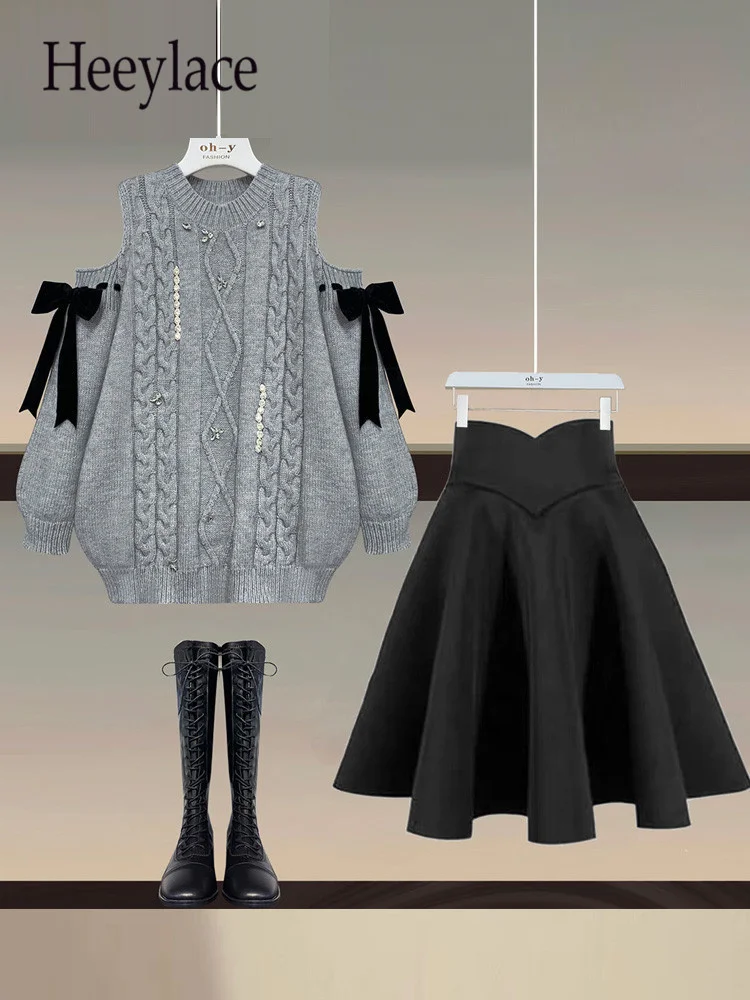 Fall Winter Two Piece Sets Womens Outfit For Women Off The Shoulder Bow Diamond Knitted Sweater And Pleated Skirts Sets 4XL Suit
Fall Winter Two Piece Sets Womens Outfit For Women Off The Shoulder Bow Diamond Knitted Sweater And Pleated Skirts Sets 4XL Suit