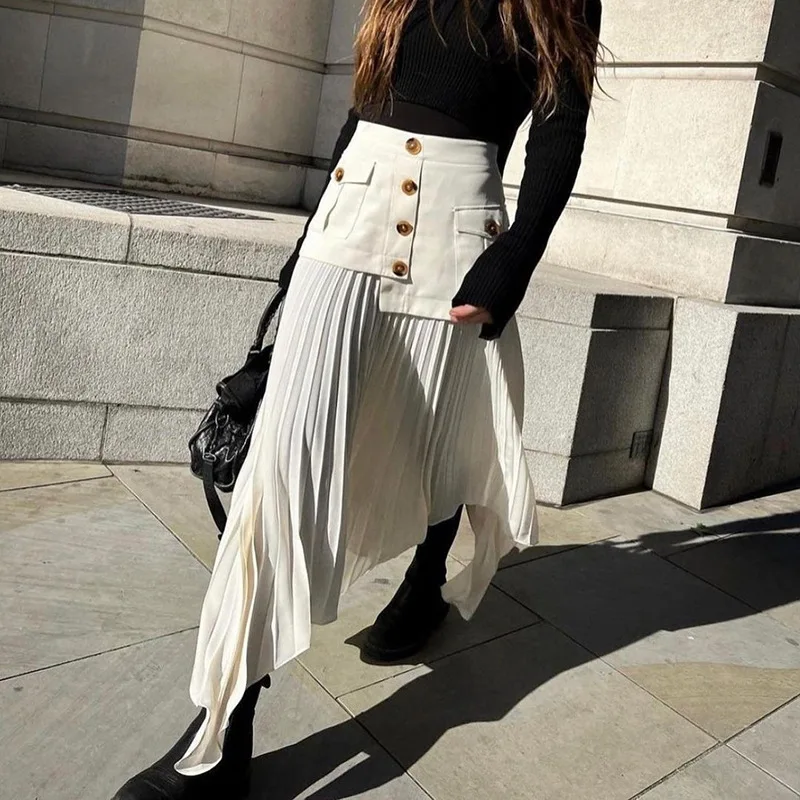 

Solid Patchwork Midi Skirt Women High Waist Button Up Pocket Asymmetric Pleated Long Skirts 2024 New Elegant Fashion Lady Faldas