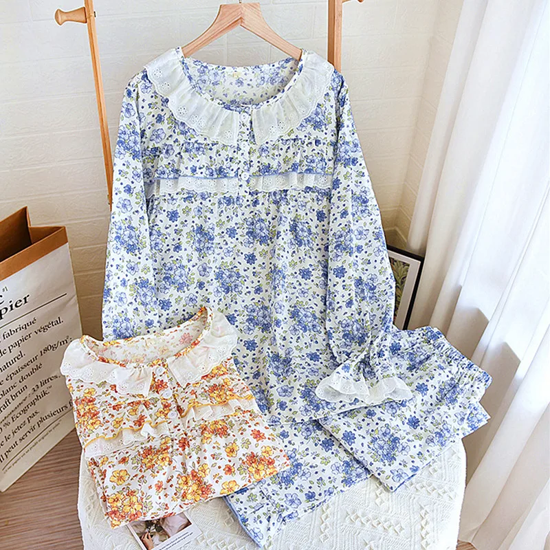 Women's Spring Autumn Pajamas 100% Cotton Double Layer Gauze Comfortable Home Clothes Loose Printed Ladies Sleepwear Set
Women's Spring Autumn Pajamas 100% Cotton Double Layer Gauze Comfortable Home Clothes Loose Printed Ladies Sleepwear Set