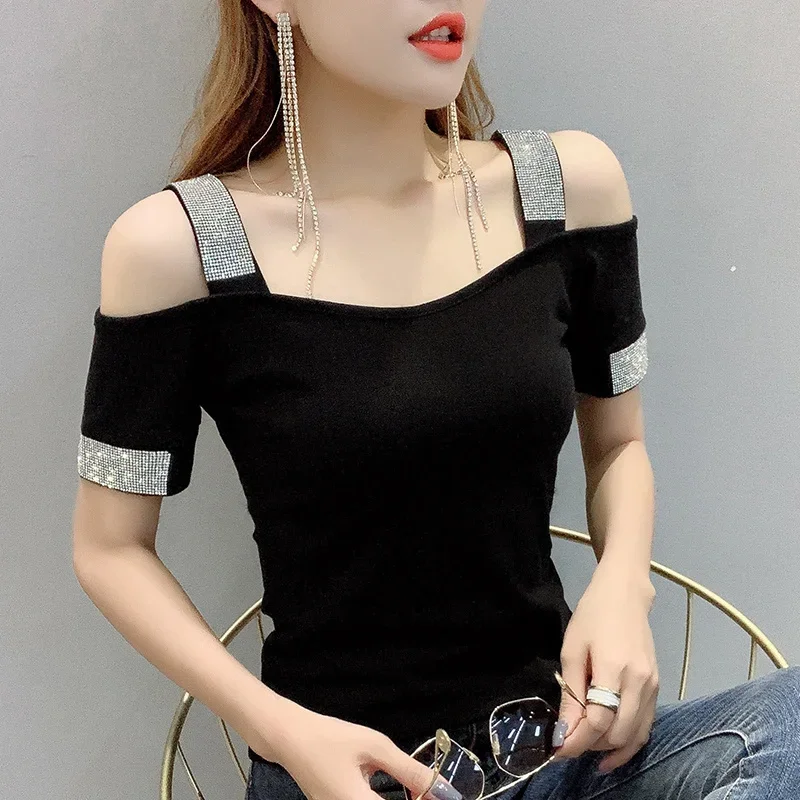 Summer Short Sleeve T Shirt Women Diamonds Sexy Backless Off Shoulder Tshirt Slash Neck Women's Tee Shirt Black White XXL
Summer Short Sleeve T Shirt Women Diamonds Sexy Backless Off Shoulder Tshirt Slash Neck Women's Tee Shirt Black White XXL