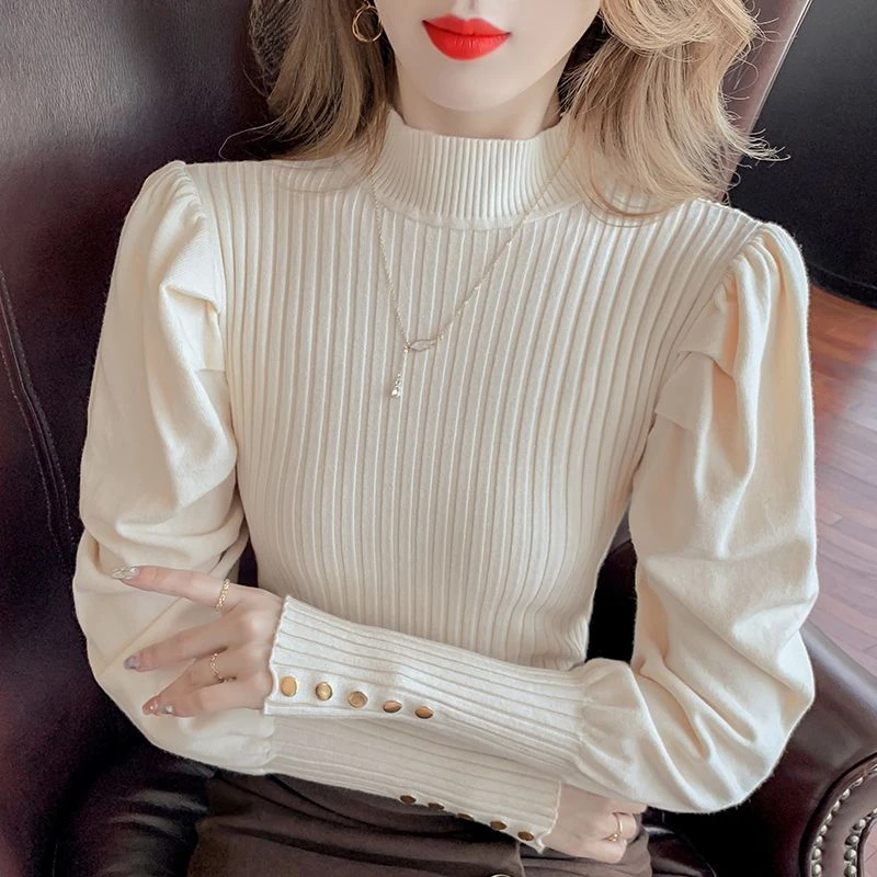 

Winter Fashion Half High Collar Elegant Chic All Match Rib Knit Sweater Women's Solid Slim Long Sleeve Tops Jumper ZL151