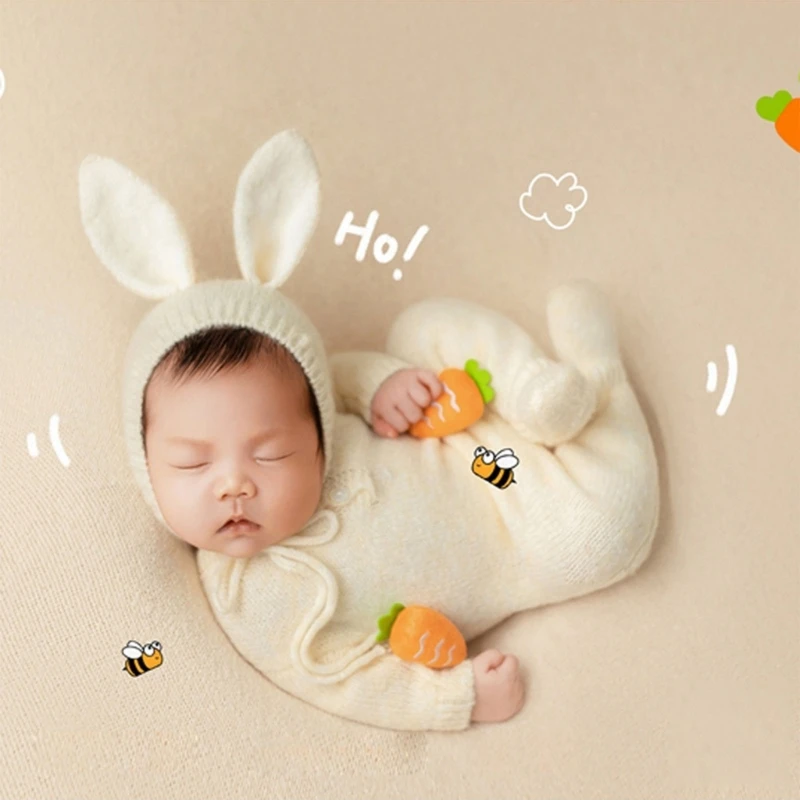 

Newborn Photography Outfit Hat & Jumpsuits Set Photostudio Posing Props Baby Easter Bunny Costume Infant Photo Shooting Gifts