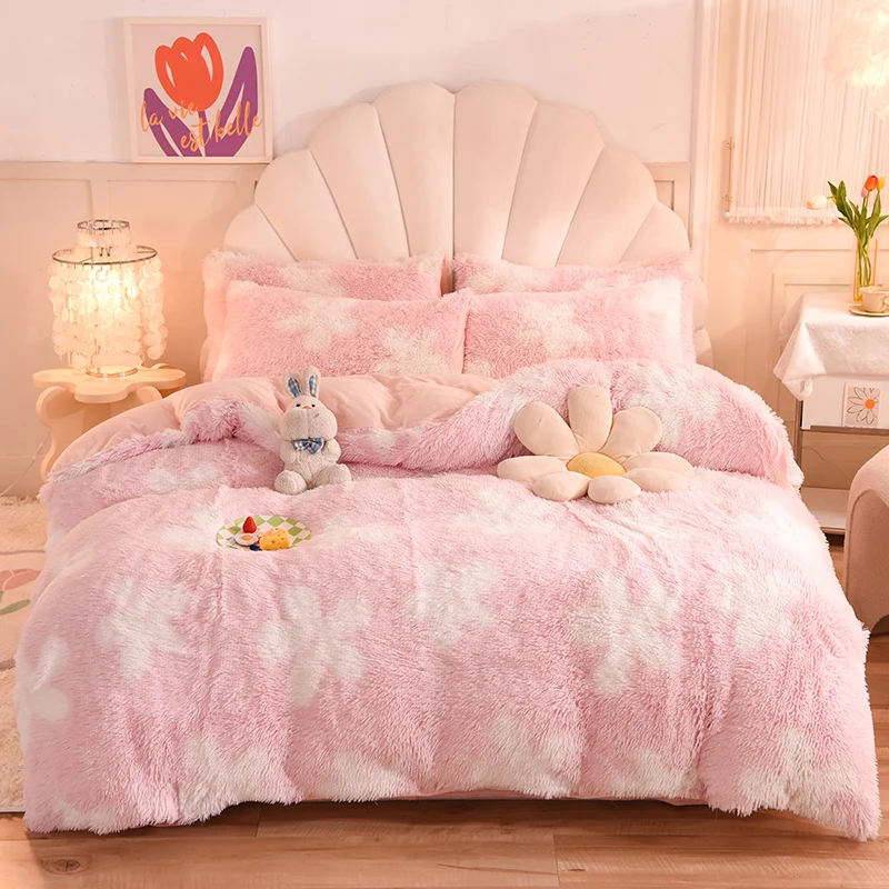 3Pcs Super Shaggy Coral Fleece Warm Cozy Princess Bedding Set Mink Velvet Duvet Cover Set Bed Comforter Cover Blanket Pillowcase 18 Sf2639f0427b1416bb6a7add34b61b86ah