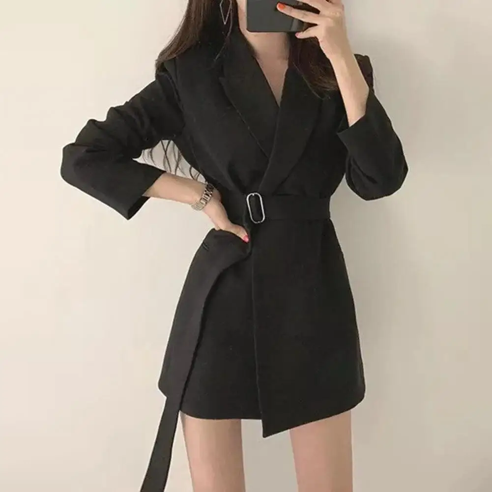

Women Blazer Lapel Long Sleeve Belted Tight Waist Solid Color OL Style Formal Business Vintage Korean Commute Lady Suit Coat