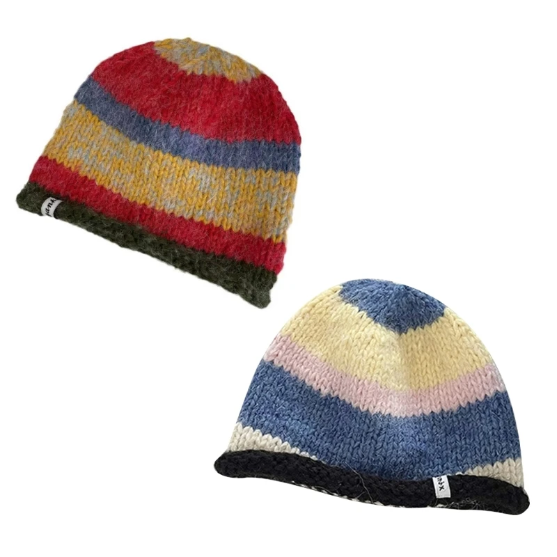 

New Handmade Knit Striped Bucket Hat for Woman Weaving Floppy Rolled Brim Bucket Hat Adult Teens Winter Fisherman Cap