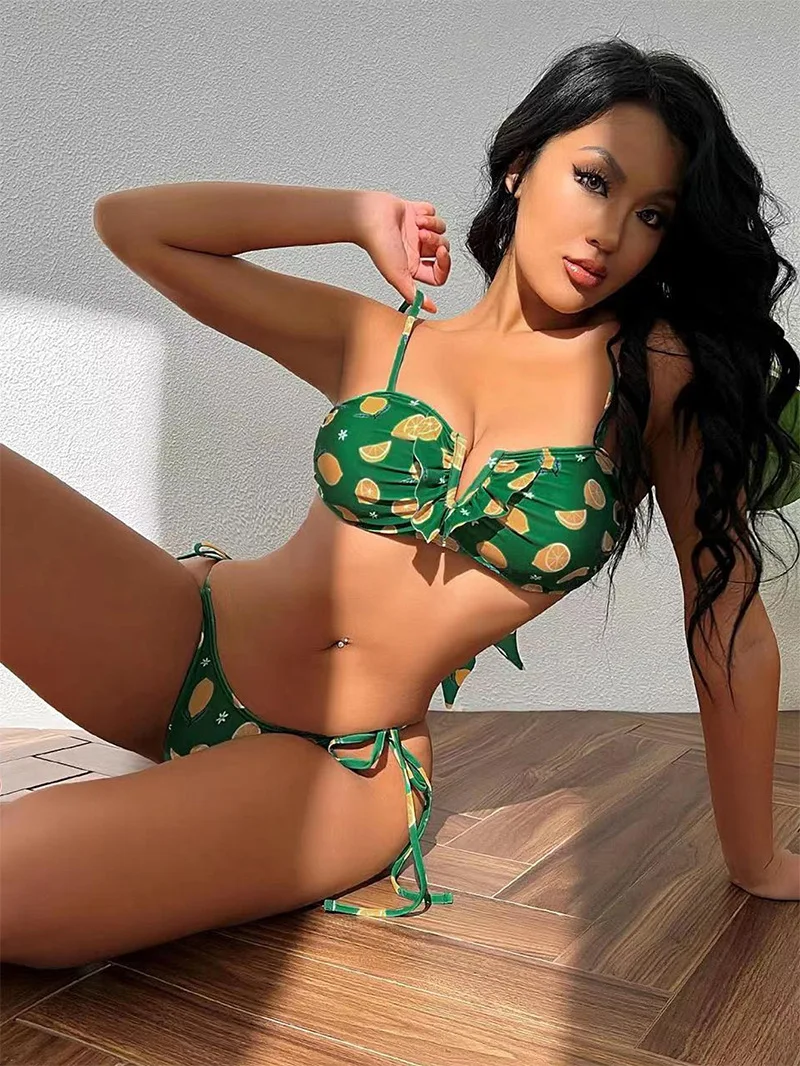 

2024 Sexy Brazilian Bikini Swimwear Women V Cut Halter Push Up Bikini Set Swimsuit Female Lemon Print Frill Biquini Bathing Suit