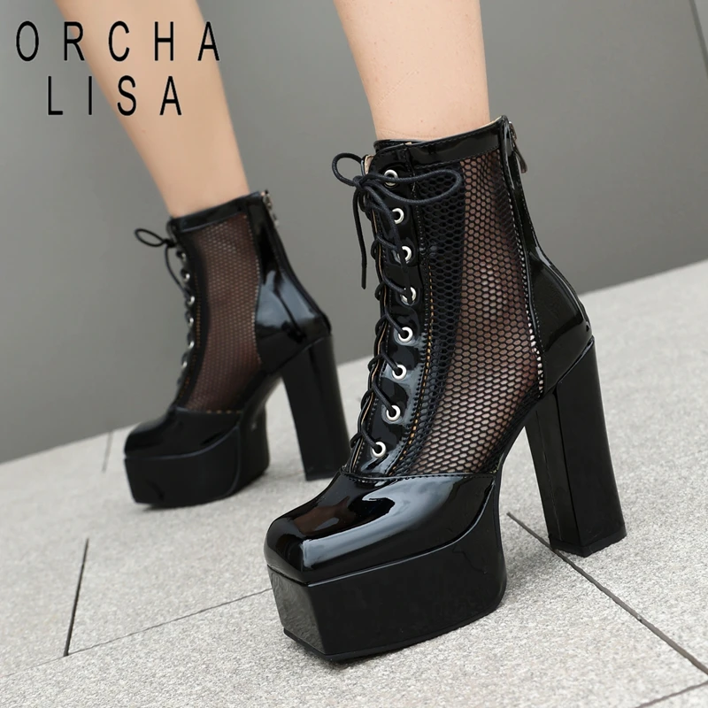 

ORCHA LISA Summer Ankle Boots Square Toe High Heels Zipper Lace Up Platform Breathable Mesh Plus Size 46 47 Fashion Party Bota