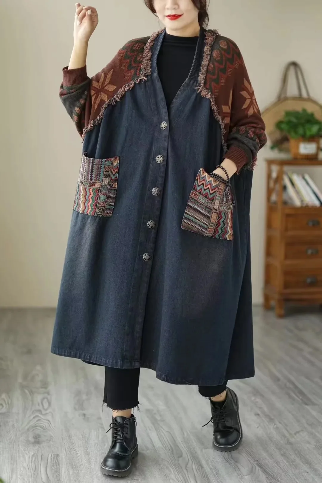SuperAen Autumn 2023 New Retro Style Loose Knitted Denim Panel Long Trench Coat for Women
SuperAen Autumn 2023 New Retro Style Loose Knitted Denim Panel Long Trench Coat for Women