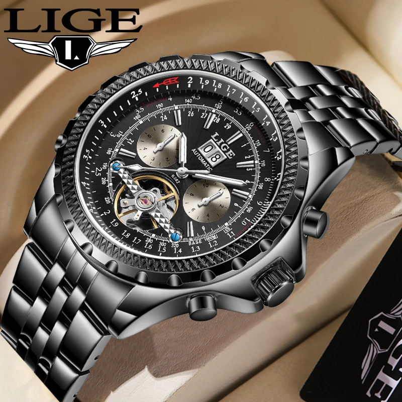 

LIGE Top Brand Luxury Mechanical Man Watch Business Fashion Steel Calendar Clock Luminous Waterproof Casual Date Watches for Men