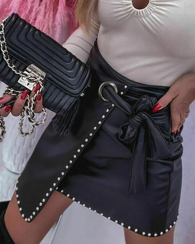 

Skirts for Women Fashion 2023 New Casual Sexy High Waist Lace Up Pu Leather Eyelet Tied Detail Studded Asymmetrical Skirt