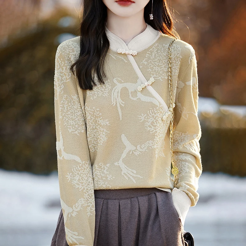 

Женский шерстяной свитер в китайском стиле, теплый вязаный пуловер с воротником-стойкой и вышивкой, Осень-зима