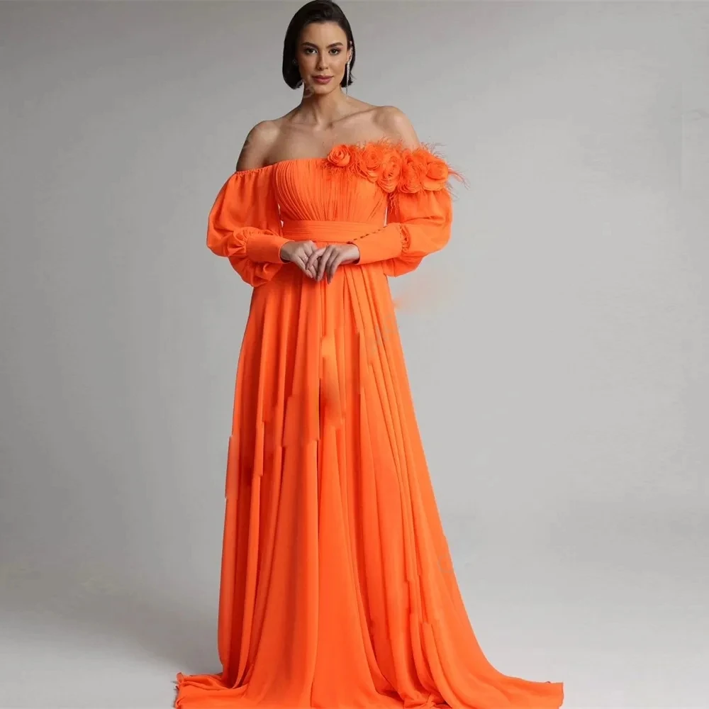 Orange Chiffon A Line Evening Dresses Off the Shoulder Handmade Flower Formal Gown Pleat Sweep Train Night Party Dress
Orange Chiffon A Line Evening Dresses Off the Shoulder Handmade Flower Formal Gown Pleat Sweep Train Night Party Dress