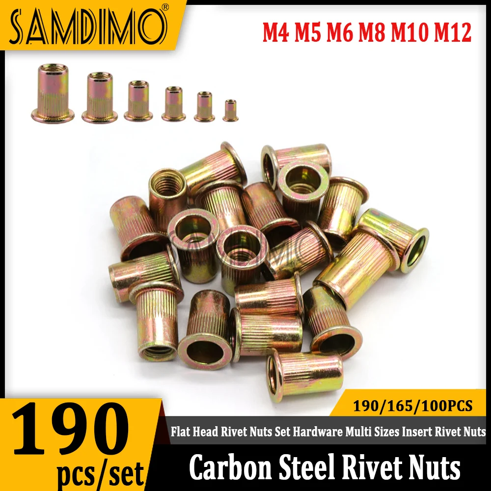 165/190pcs M3 M4 M5 M6 M8 M10 M12 Rivet Nuts Flat Head Threaded Insert Nutsert Cap for Riveter Nut Gun Zinc Plated Carbon Steel 
165/190pcs M3 M4 M5 M6 M8 M10 M12 Rivet Nuts Flat Head Threaded Insert Nutsert Cap for Riveter Nut Gun Zinc Plated Carbon Steel
